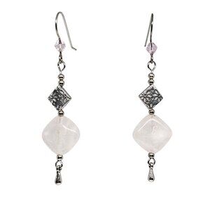 Handmade Pink Rose Quartz Earrings Silver Tone Dangle Drop Gemstone Beaded